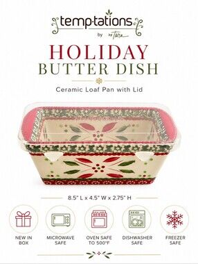 Temptations by Tara Holiday Loaf Pan / Butter Dish with Lid – New in Box